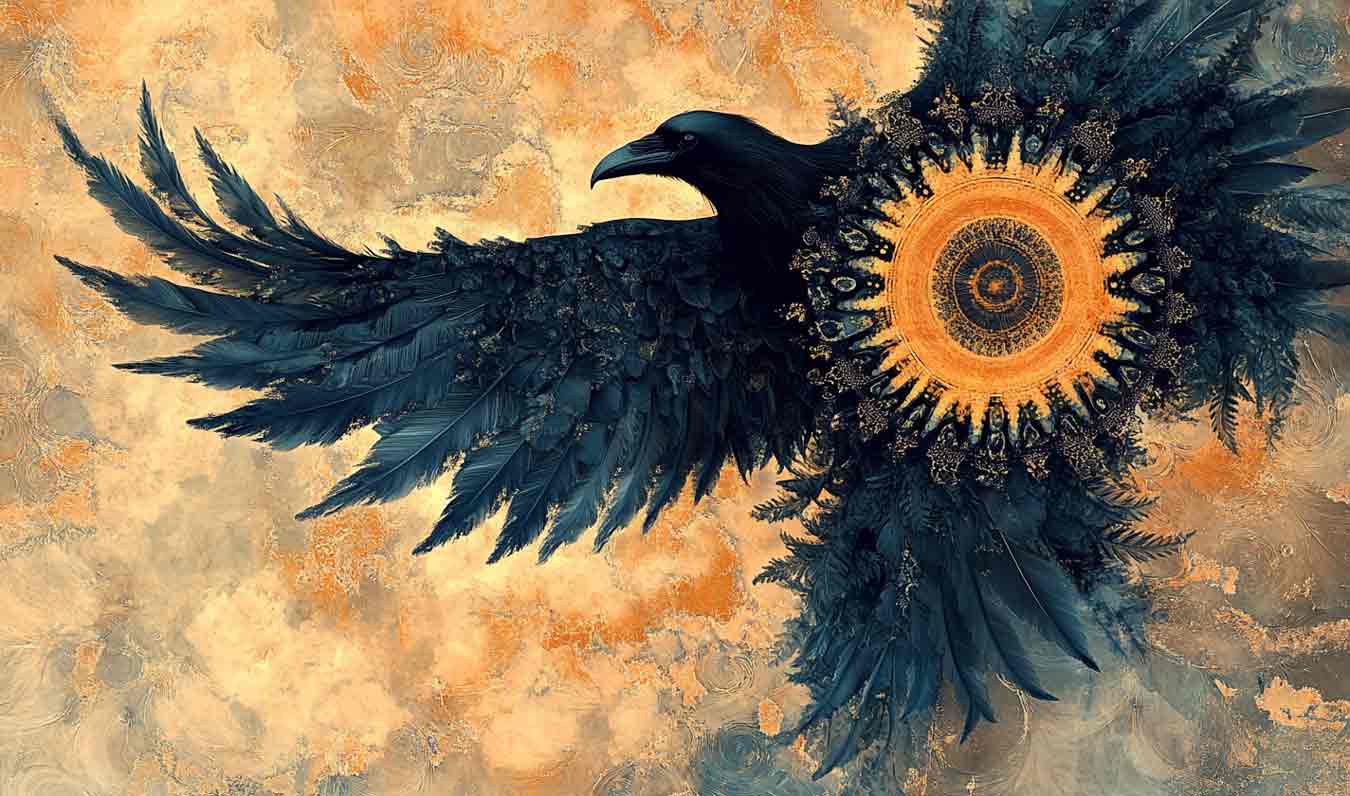 glowing sky with crow in flight with warm mandala in center of body
