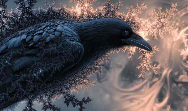 fractal crow looking into void of glowing clouds