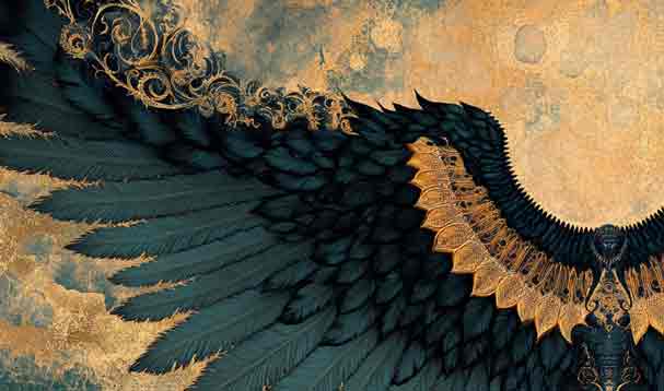 fragmented crow wings in costume form against warm clouded sky