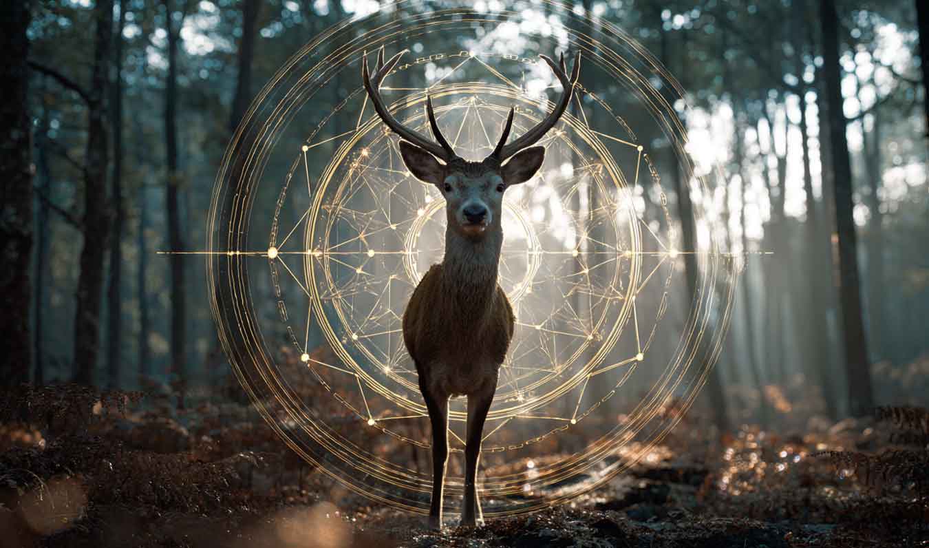 deer facing toward camera with glowing mandala behind in forest