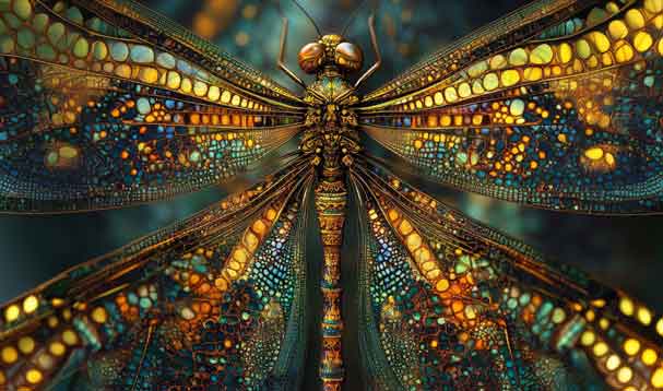 A lion composed of layered ecosystems and solar geometry
