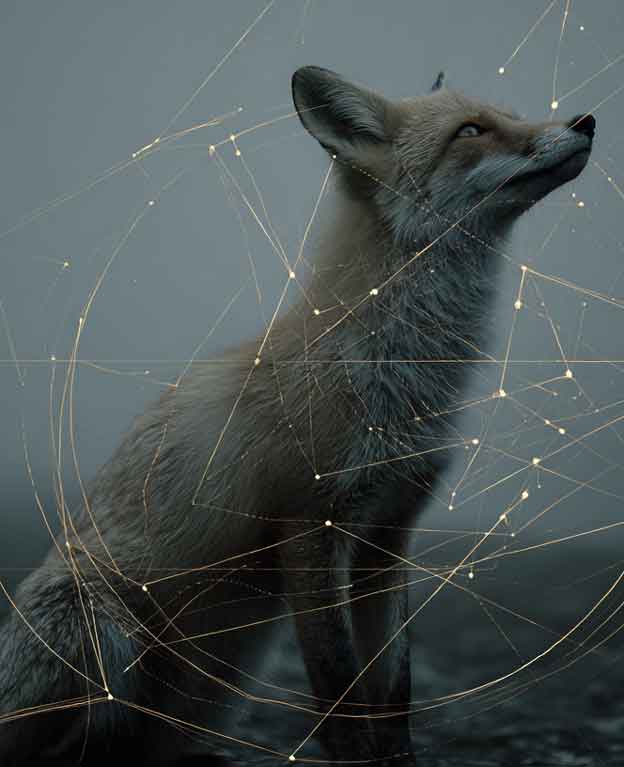 fox looking upward against foggy backdrop with geometric overlay