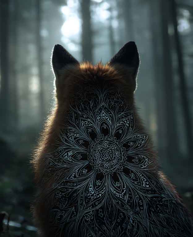 back of fox head in forest with mandala print on fur
