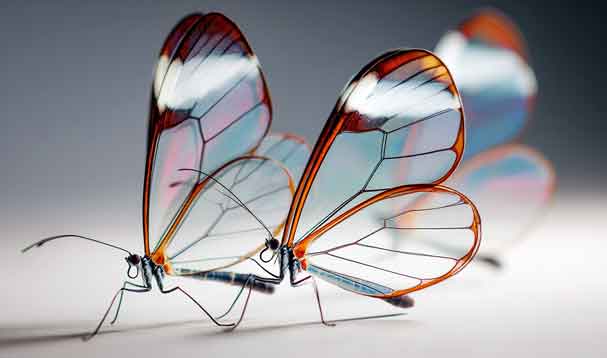 trio of glasswing butterflies on minimal background, last one is out of focus