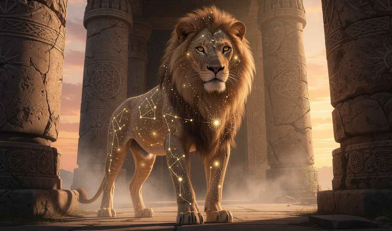 Ancient lion standing between colossal stone pillars at the entrance to a forgotten temple