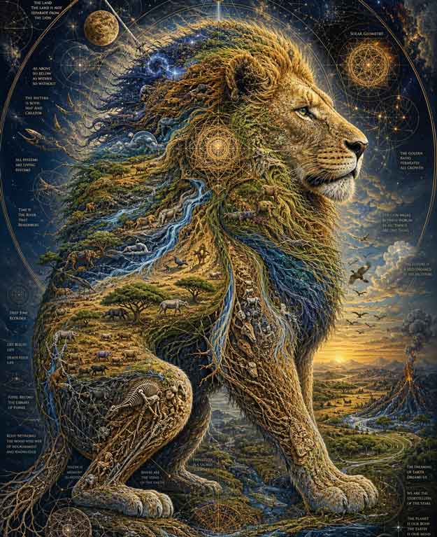 A lion composed of layered ecosystems and solar geometry