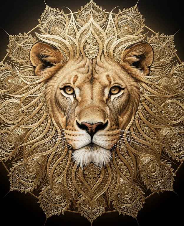 Lion face viewed frontally, symmetrical composition with elaborate golden mandala