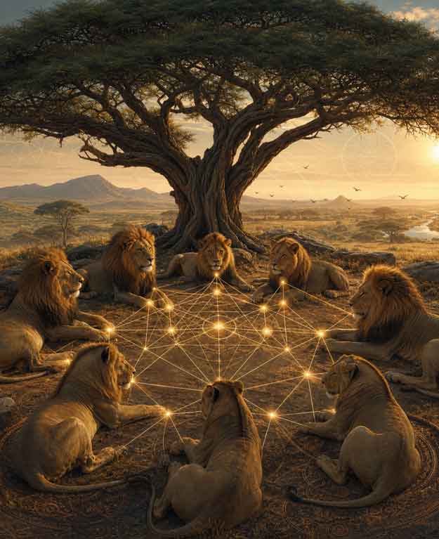 Circle of lions resting beneath an acacia tree, interconnected geometric network