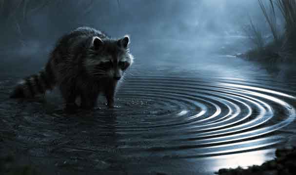 raccoon in shallow water at twilight surrounded by circular water ripples