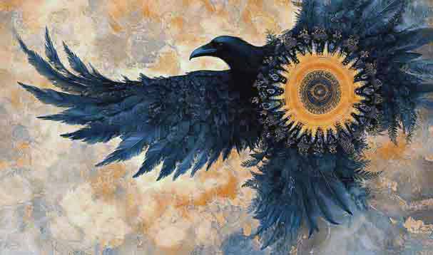 glowing sky with crow in flight with warm mandala in center of body