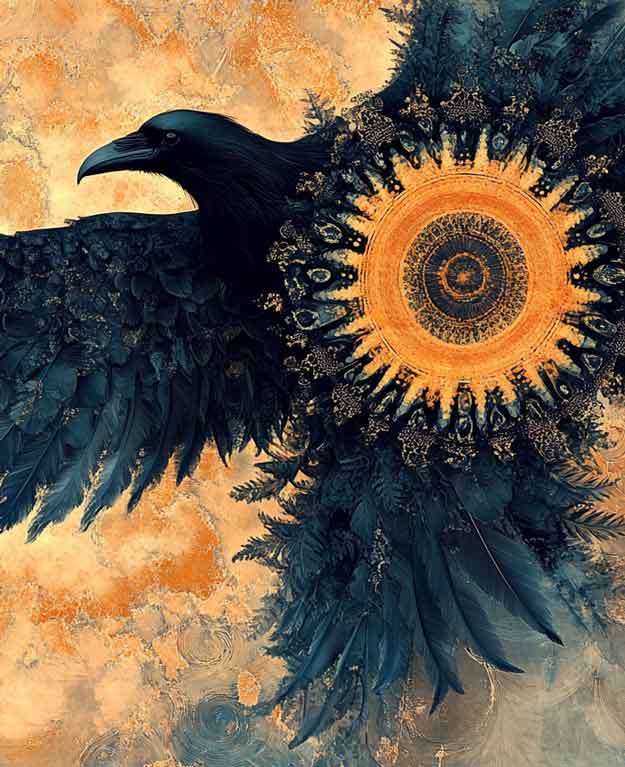 glowing sky with crow in flight with warm mandala in center of body