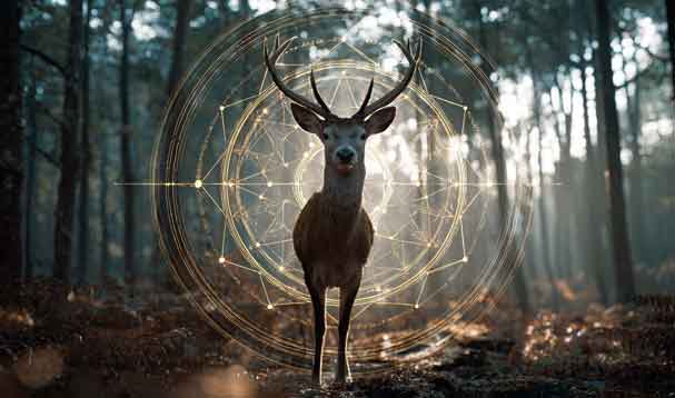 deer facing toward camera with glowing mandala behind in forest