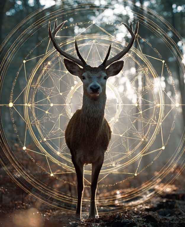 deer facing toward camera with glowing mandala behind in forest