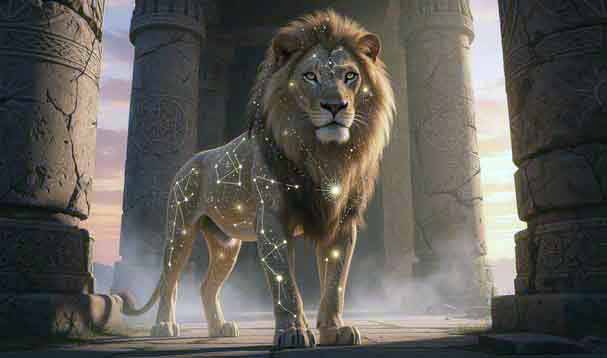 proud lion standing between collumns with constellations glimmering aacross body