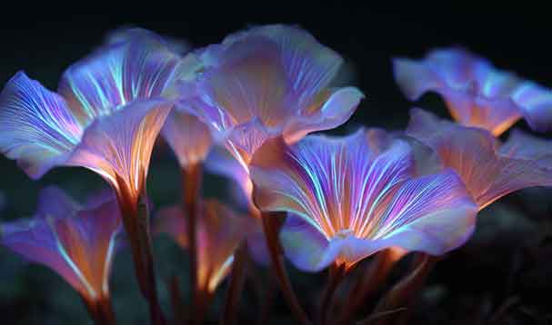 tulip shaped purple ethereal flowers with ultraviolet nectar and golden glow