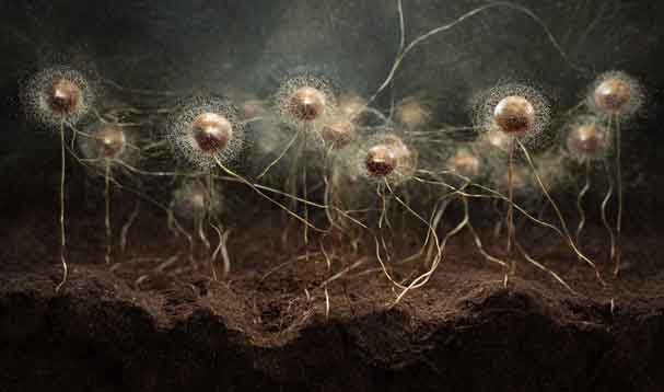 mystical representation of seed pods under compression in dark soil