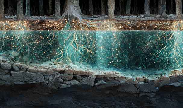 underground cross-section of tree roots and aquifer with watery glow