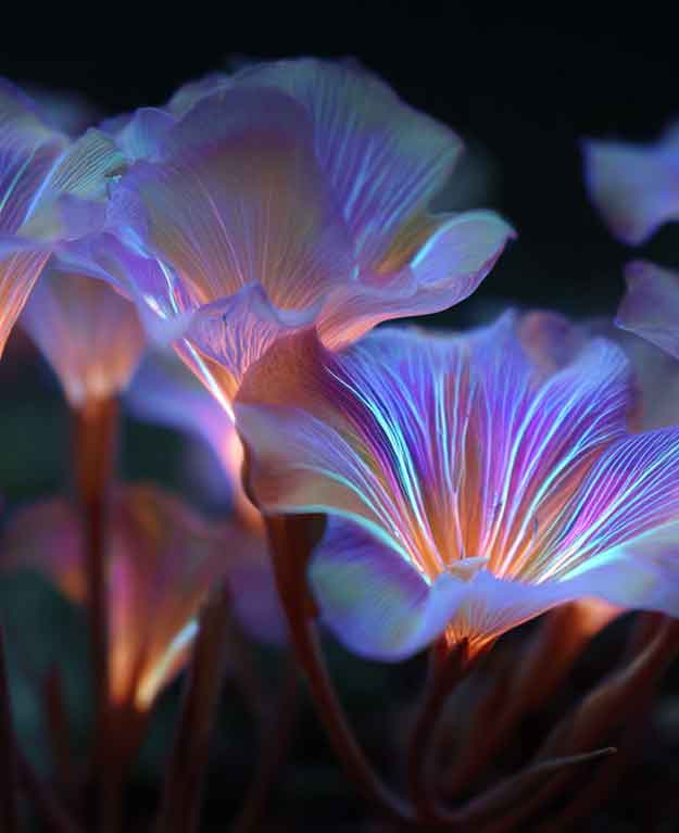 tulip shaped purple ethereal flowers with ultraviolet nectar and golden glow