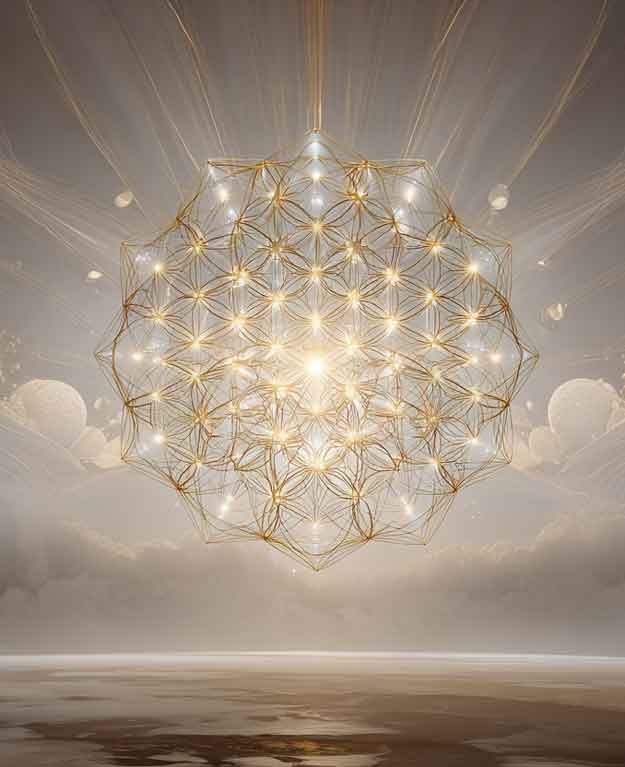 sunbeams shining through glittering gold mandala against the clouds