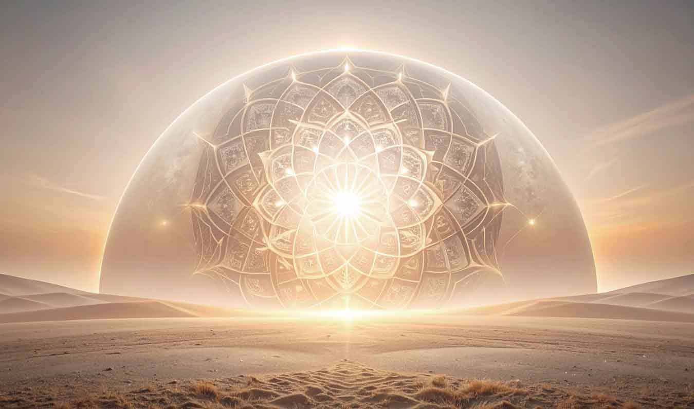 a glowing half-circle mandala moon on the desert horizon