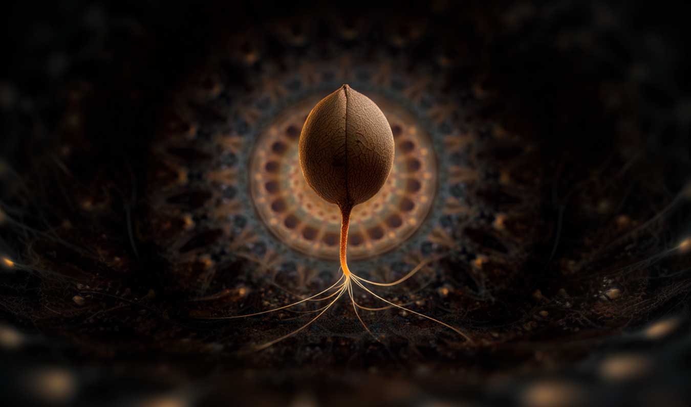 a glowing seed on dark mandala background