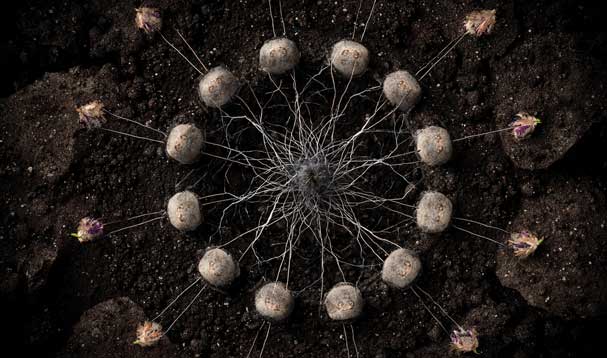 light seeds on dark soil with roots in mandala form