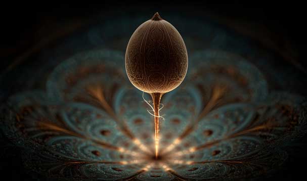 a brown seed germinating over a teal mandala form with golden glow