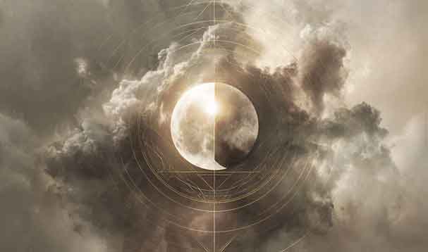 glowing moon planetary body with mixed dark and light clouds and subtle geometries