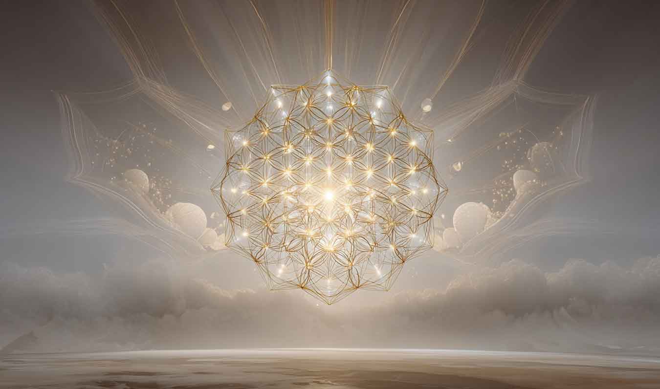 a glowing golden geometric lace mandala in the sky surrounded by light and clouds
