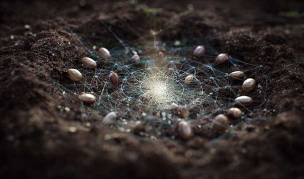 dormant seeds scattered in mandala form on dark earth
