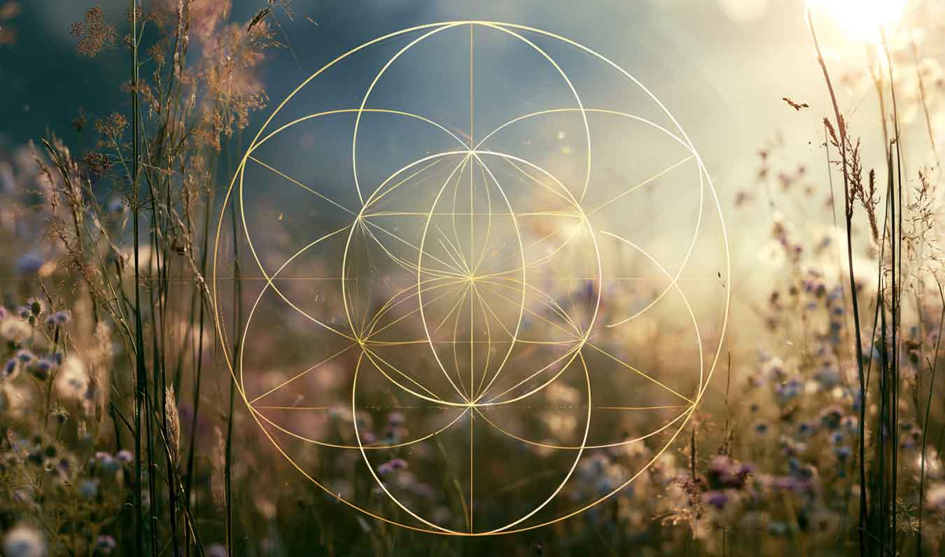 lush meadow in summer time with subtle sacred geometry mandala glowing outline