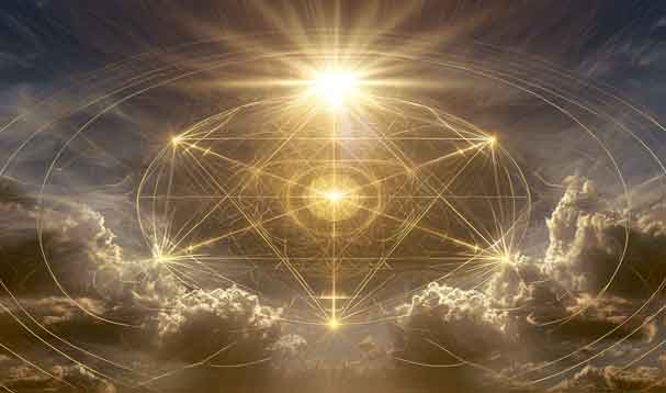 ethereal mandala in the sky with sunburst at top and clouds on bottom