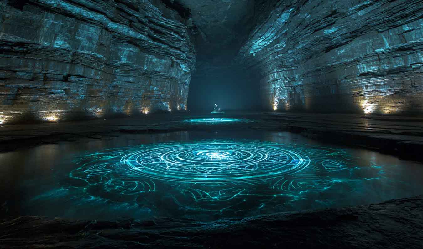 luminescent blue watery mandala glowing in dark undergound