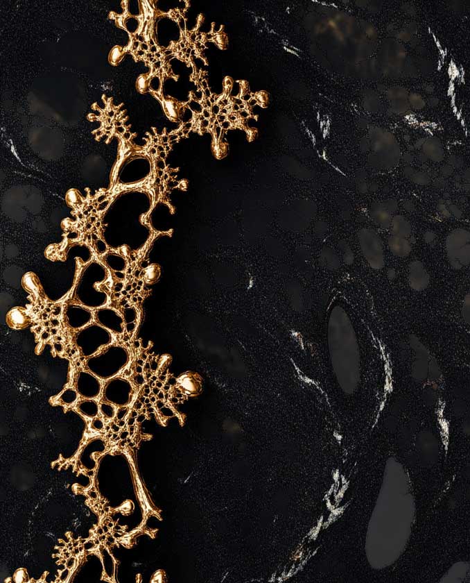 metallic gold neural network lattice on marbled black stone