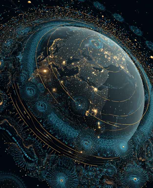 mandalic earth orbiting space in blue and gold