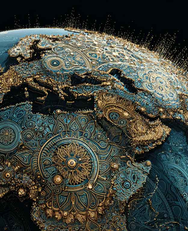 earth viewed from orbit with biospheric technology across surface