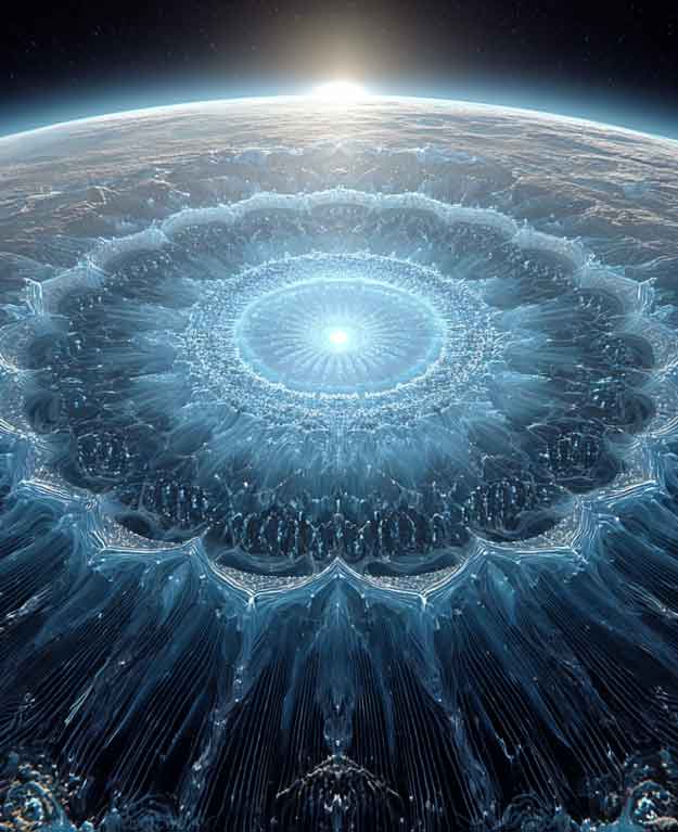 a glowing blue mandala globe seen from space