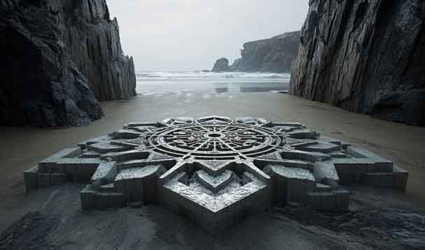 a geometric mandala platform on the ocean shore