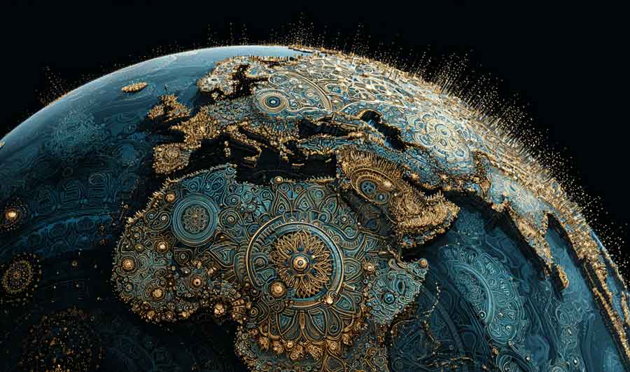 earth viewed from orbit with biospheric technology across surface