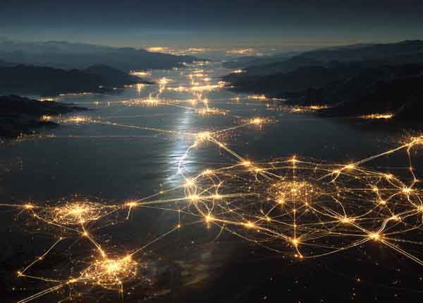 Nodes of light forming constellations across landscapes