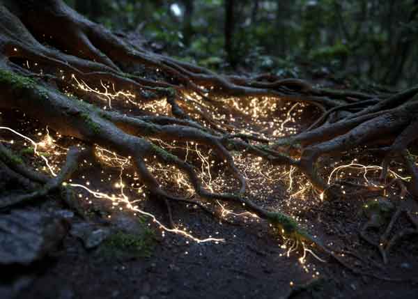 gllowing signal symbiosis of circuitry and earth, illuminated mycelium mingled with tree roots