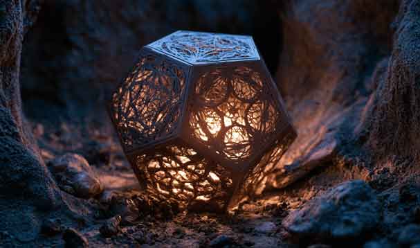 geometric pentagonal metal glow lantern on the ground in the deep woods