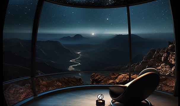 a solitary lounge chair in an observatory viewing the night sky over a desolate landscape