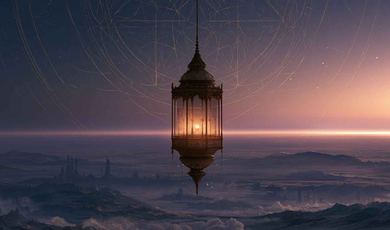 warm glowing lantern hovering over a vast horizon