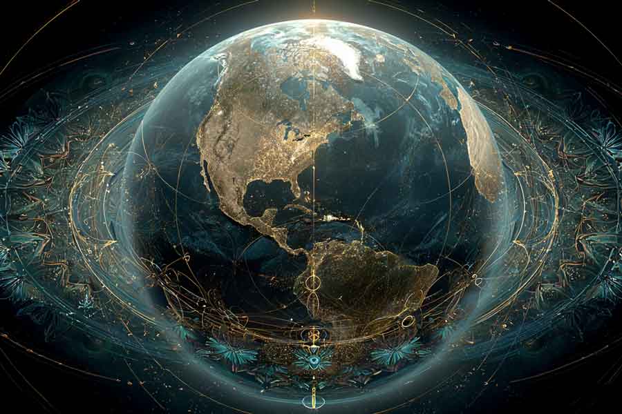 a glowing blue mandala globe seen from space