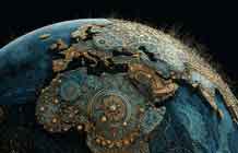 earth viewed from orbit with biospheric technology across surface