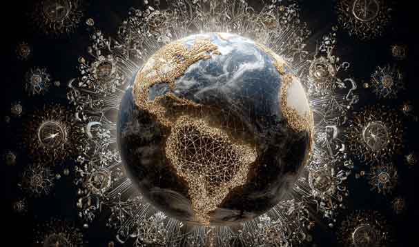 illuminated mycelium mingled with tree roots
