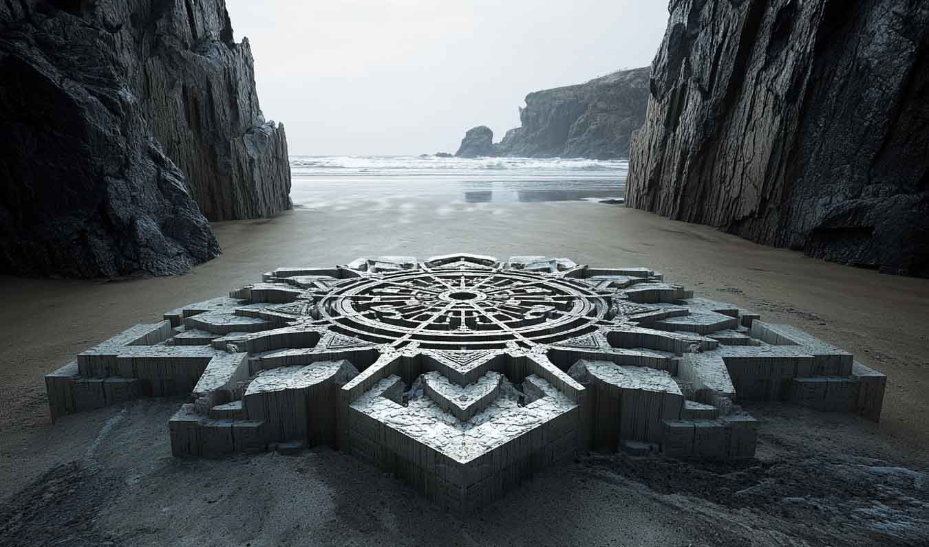a geometric mandala platform on the ocean shore
