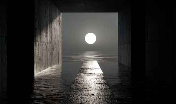 full moon bright against watery surface and black architecture